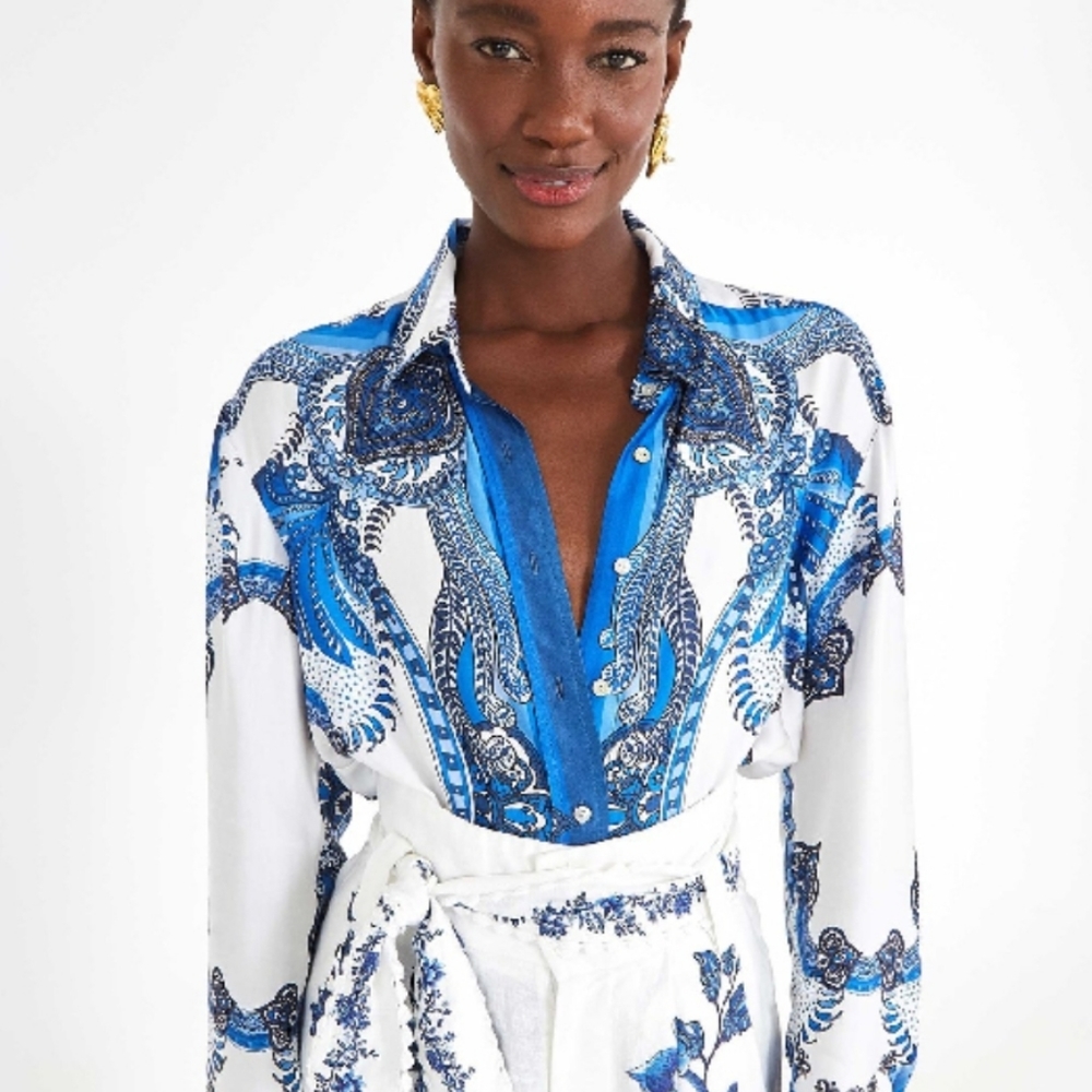 Farm Rio Blue Tile Long Sleeves Silk Shirt - Picture 3 of 4